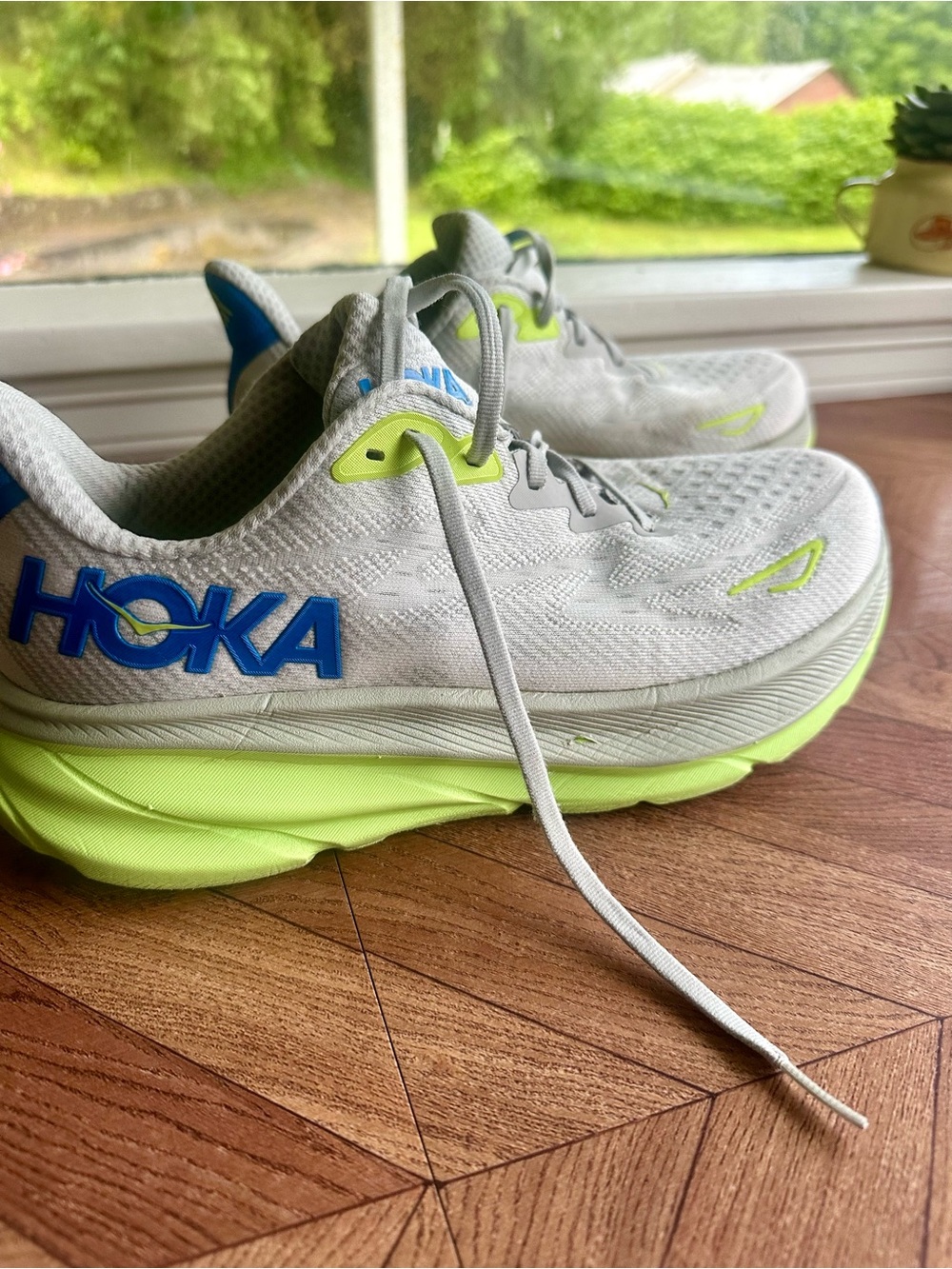 Hoka Clifton 9 Light Gray and Neon Lime Running Sneakers